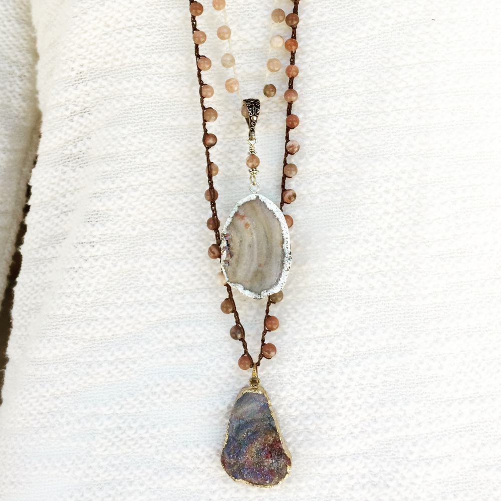 Crocheted Necklaces of Moonstone Beads and Druzy Pendants Artisan