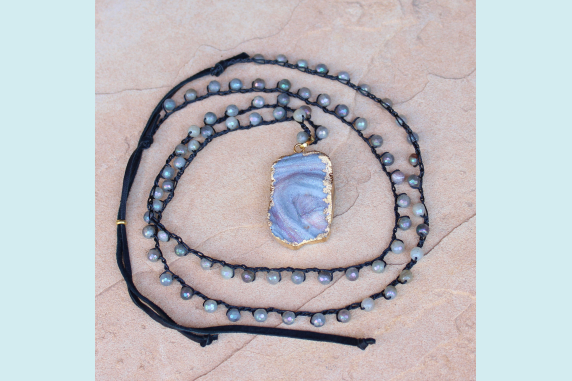Crocheted Neckalce of Labradorite Gemstone Beads and White Gold Druzy Pendant