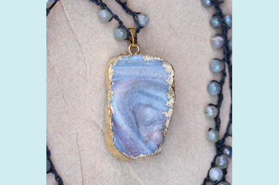 Crocheted Necklace of Labradorite Gemstone Beads and Gold Druzy Pendant