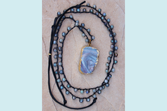 Crocheted Necklace of Labradorite Gemstone Beads and Gold Druzy Pendant