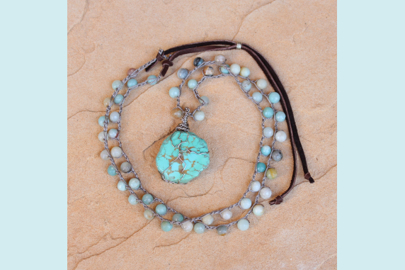 Crocheted necklace of Amazonite beads and Kingman American Turquoise Pendant