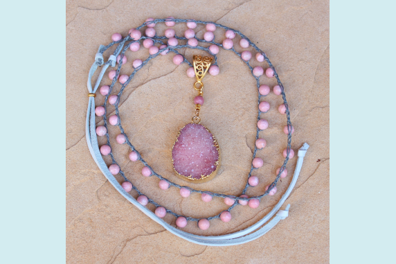 Crocheted Necklace of Pink Opal Gemstone Beads and Gold Druzy Pendant