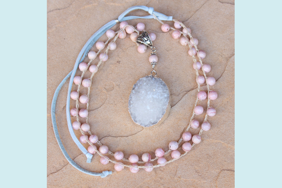 Crocheted Necklace of Pink Opal Gemstone Beads and White Gold Druzy Pendant