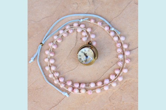 Crocheted Necklace of Pink Opal Gemstone Beads and Bronze Clock Pendant