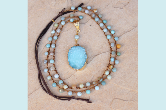 Crocheted Necklace of Amazonite Beads and White Gold Druzy Pendant