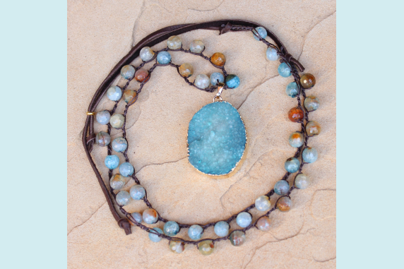 Crocheted Necklace of Aqua Agate Beads and Gold Druzy Pendant