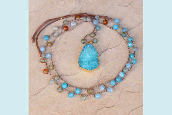 Crocheted Necklace of Aqua Agate Beads and Gold Druzy Pendant