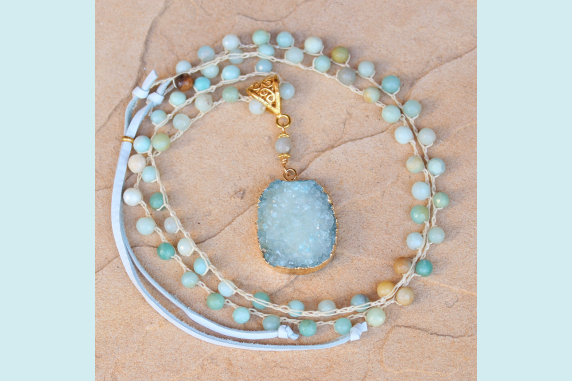 Crocheted Necklace of Amazonite Beads and Gold Duzy Pendant