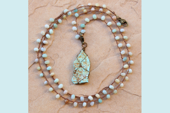 Crocheted Necklace of Amazonite Beads with Pendant