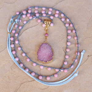 Crocheted Necklace of Pink Opal Gemstone Beads and Gold Druzy Pendant
