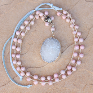 Crocheted Necklace of Pink Opal Gemstone Beads and White Gold Druzy Pendant