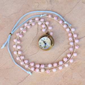 Crocheted Necklace of Pink Opal Gemstone Beads and Bronze Clock Pendant