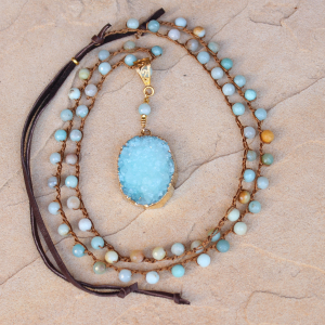 Crocheted Necklace of Amazonite Beads and White Gold Druzy Pendant