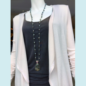 Crocheted Necklace of Fresh Water Pearls and Bali Silver Druzy