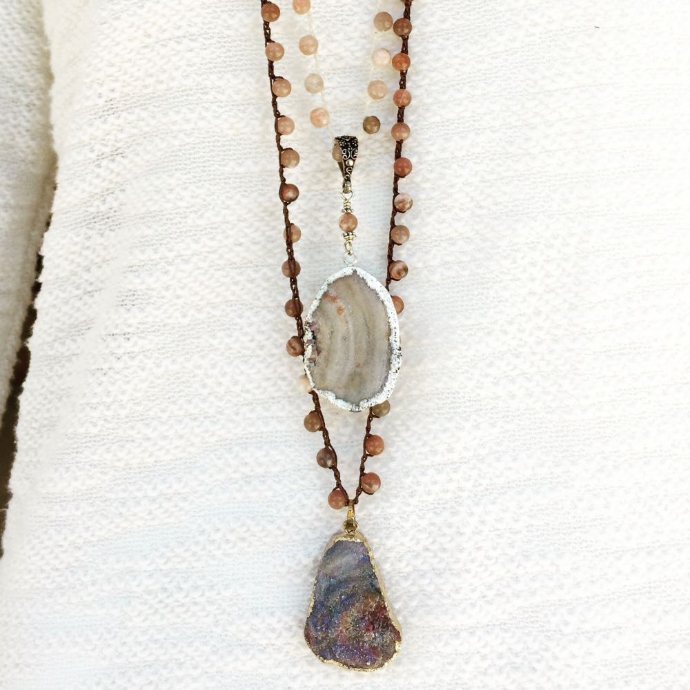 Crocheted Necklaces of Moonstone Beads and Druzy Pendants | Artisan ...